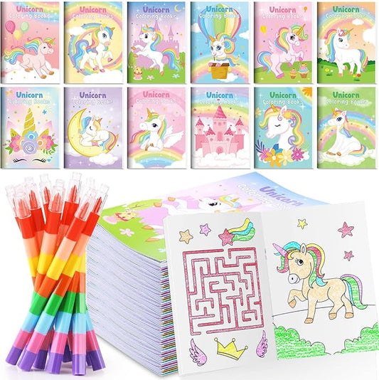 12 Unicorn Mini Coloring Books Kids with 12 Stacking Crayons Unicorn
