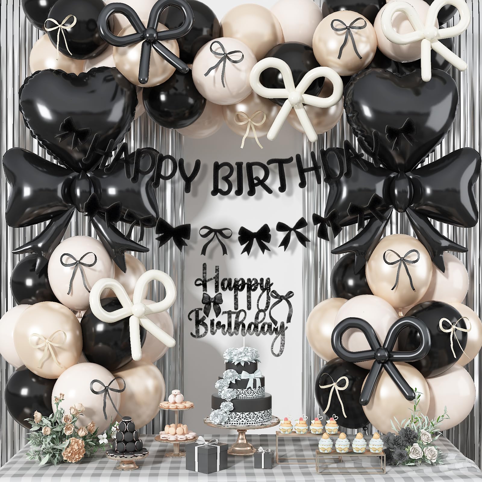 Black Bow Birthday Party Decorations, Coquette Bow Black Sand White