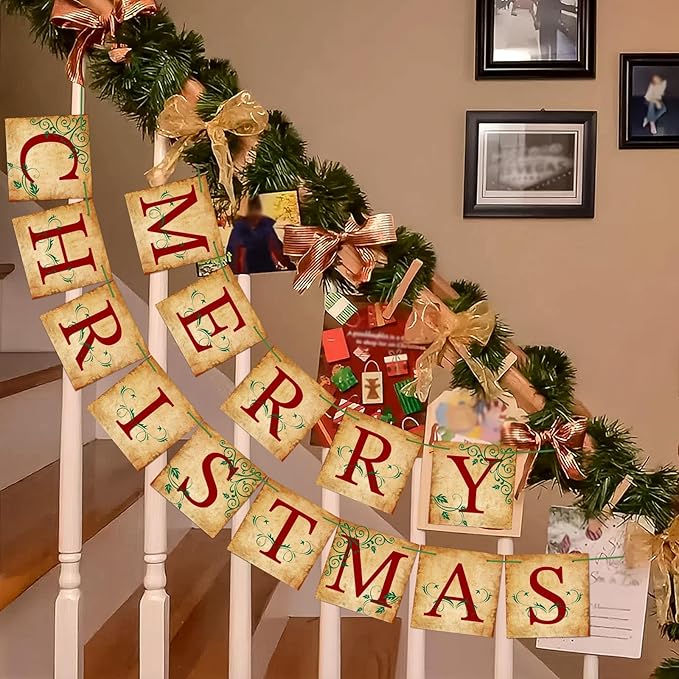 Merry Christmas Banner Vintage Christmas Garlands Decorations for