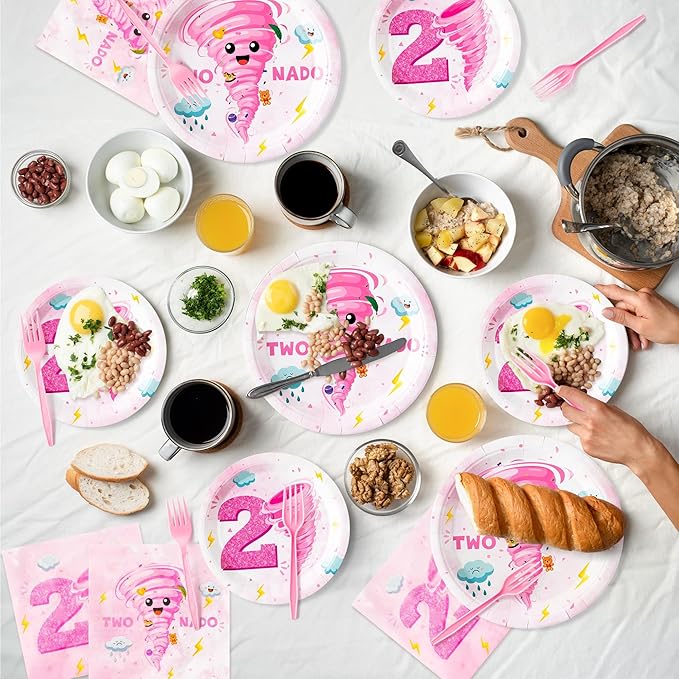 96Pcs Two Nado Pink Tornado 2nd Birthday Party Plates Supplies Party