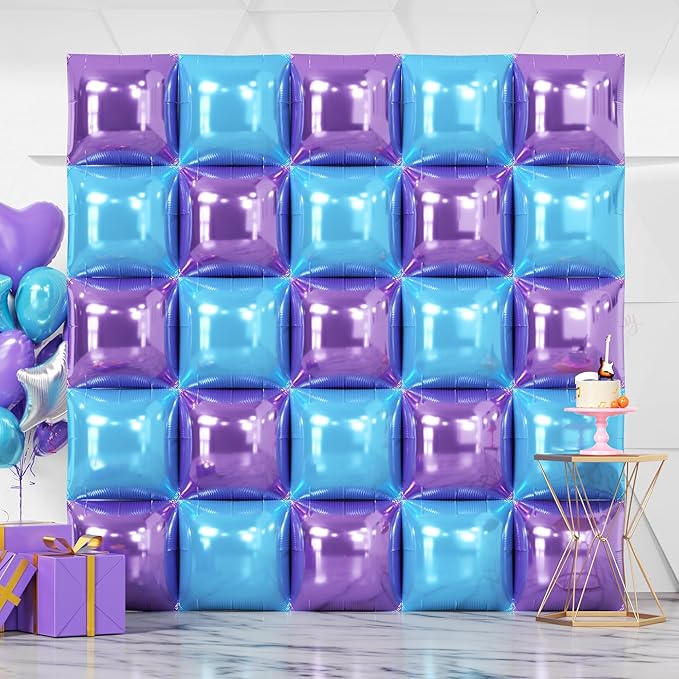 NISOCY 25PCS Light Purple and Blue Square Foil Balloons Wall Backdrop