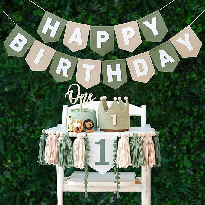 Wild One High Chair Banner Felt Green Happy Birthday Banner Pre