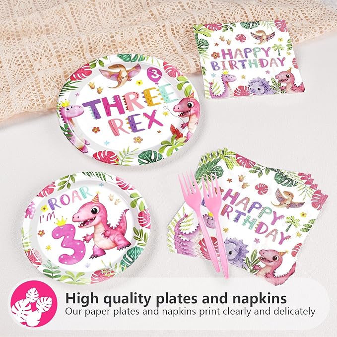 96 Pcs Pink Dinosaur Birthday Decorations for 3rd Girls Dino Theme