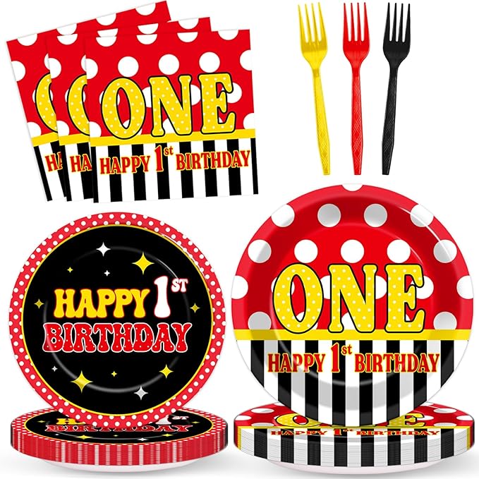 96 Pcs Mouse 1st Birthday Party Plates and Napkins Set Cartoon Mouse