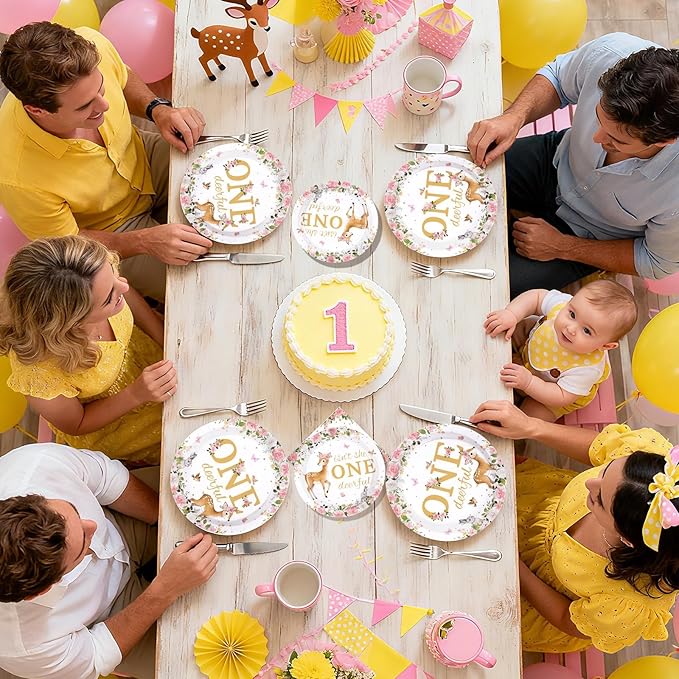 96Pcs Pink Deer Girl 1st Birthday Party Supplies Isn't She