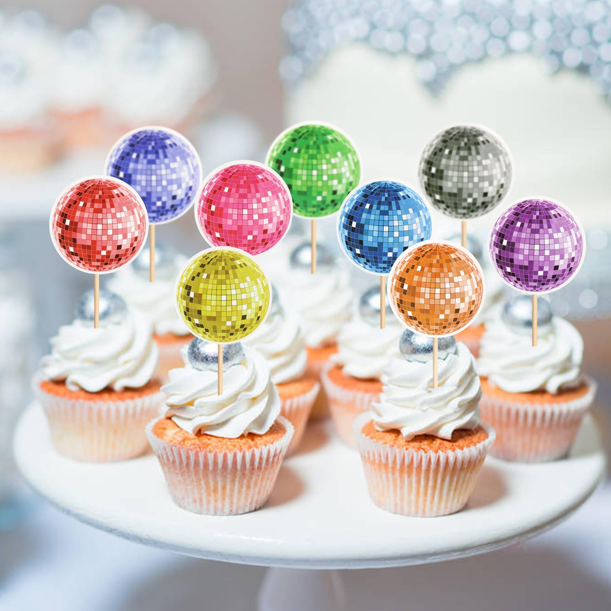 Cyodoos 30Pcs Disco Ball Party Cupcake Toppers 70s 80s Disco Birthday