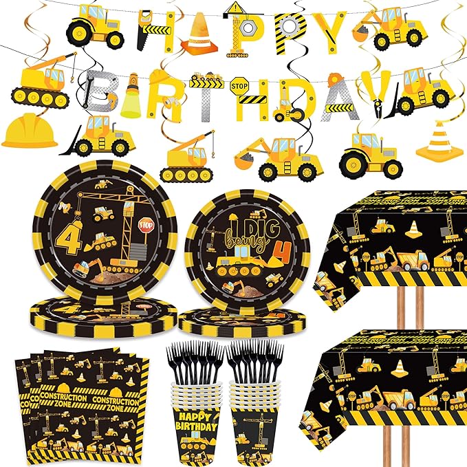 132 Pcs Construction 4th Birthday Party Supplies Dump Truck Theme