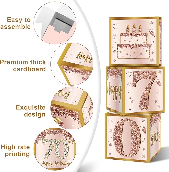 3Pcs 70th Birthday Decorations Boxes for Women Pink Rose Gold 70th