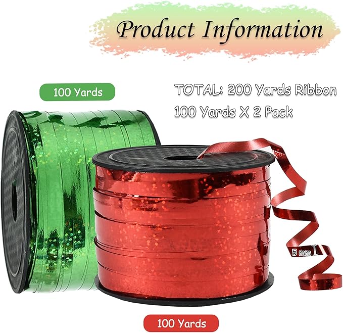BEISHIDA 2 Pack Christmas Curling Ribbons Red and Green Balloon