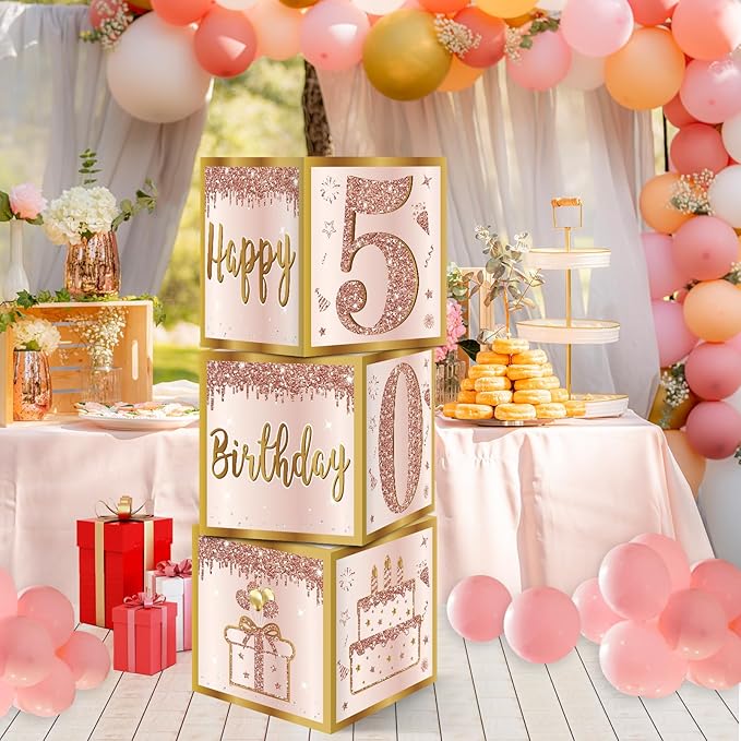 3Pcs 50th Birthday Decorations Boxes for Women Pink Rose Gold 50th