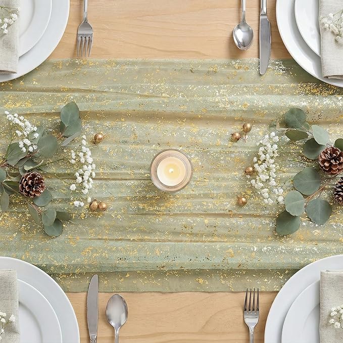 Artoid Mode Sage Green Gold Gauze Table Runner 59x120 Inch 10FT,