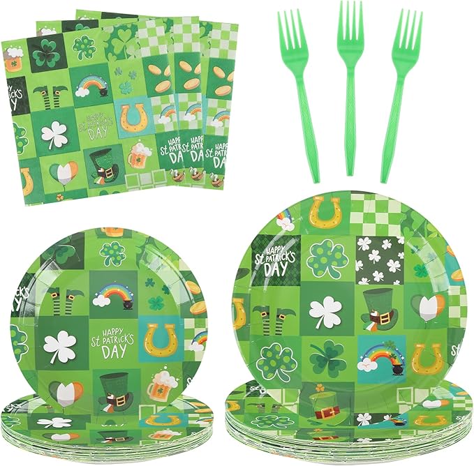 200Pcs St Patrick's Day Party Plates Supplies Green Shamrock Paper