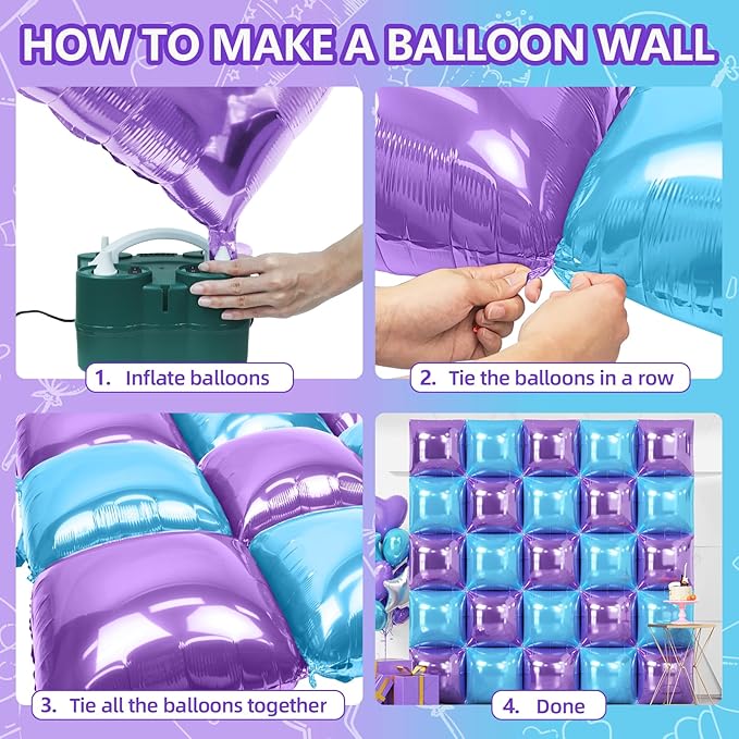 NISOCY 25PCS Light Purple and Blue Square Foil Balloons Wall Backdrop