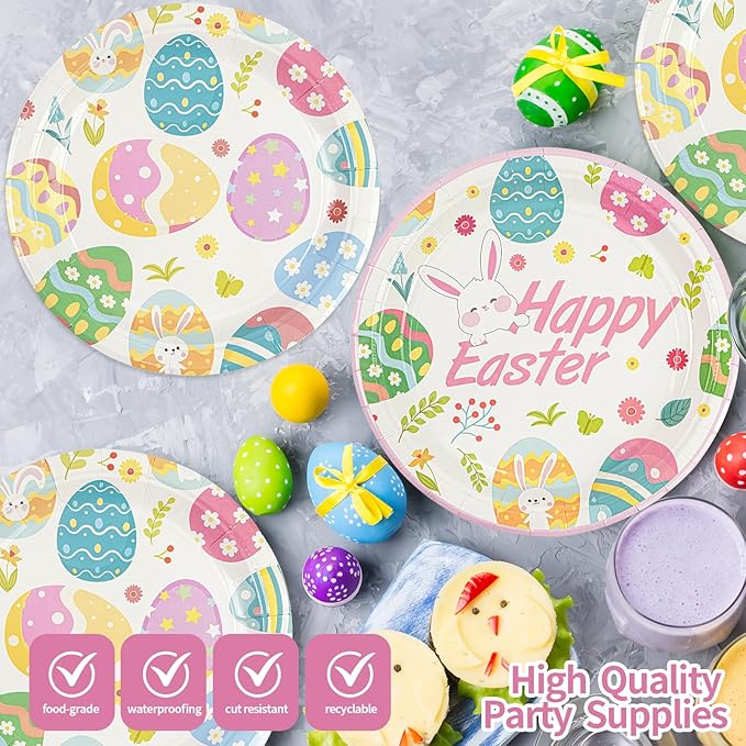96Pcs Easter Paper Plates and Napkins Easter Eggs Themed Tableware