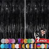 Black Metallic Tinsel Foil Fringe Curtains, 2 Pack 3.3x8.3 Feet Party