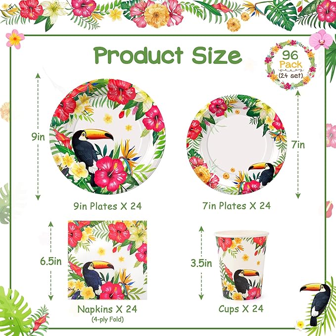 96PCS Tropical Plates and Napkins Hawaiian Cups Luau Party Tableware