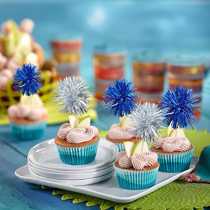 Gyufise 30Pcs Foil Firework Cupcake Toppers Sparkle Tinsel Cake