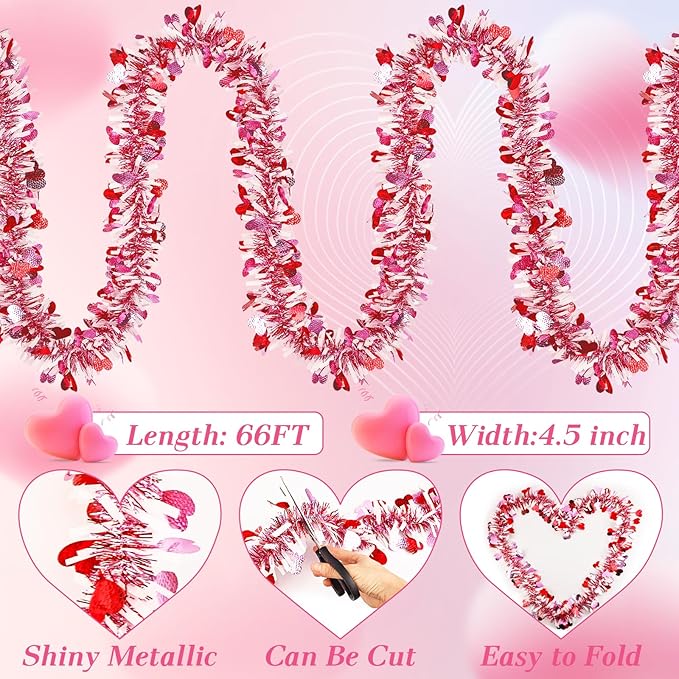 66 FT Valentine's Day Heart Tinsel Garland Decor Red Pink Heart