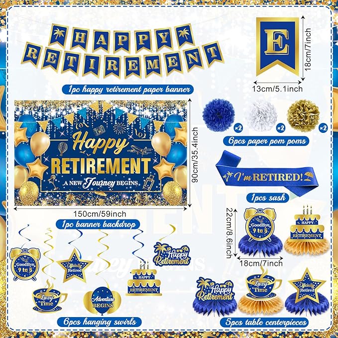 20pcs Retirement Party Decorations for Men Women Blue Gold Happy