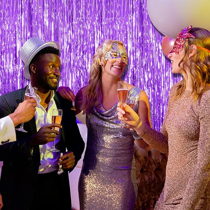 2 Pack Foil Curtain Backdrop Purple Metallic Tinsel Foil Fringe