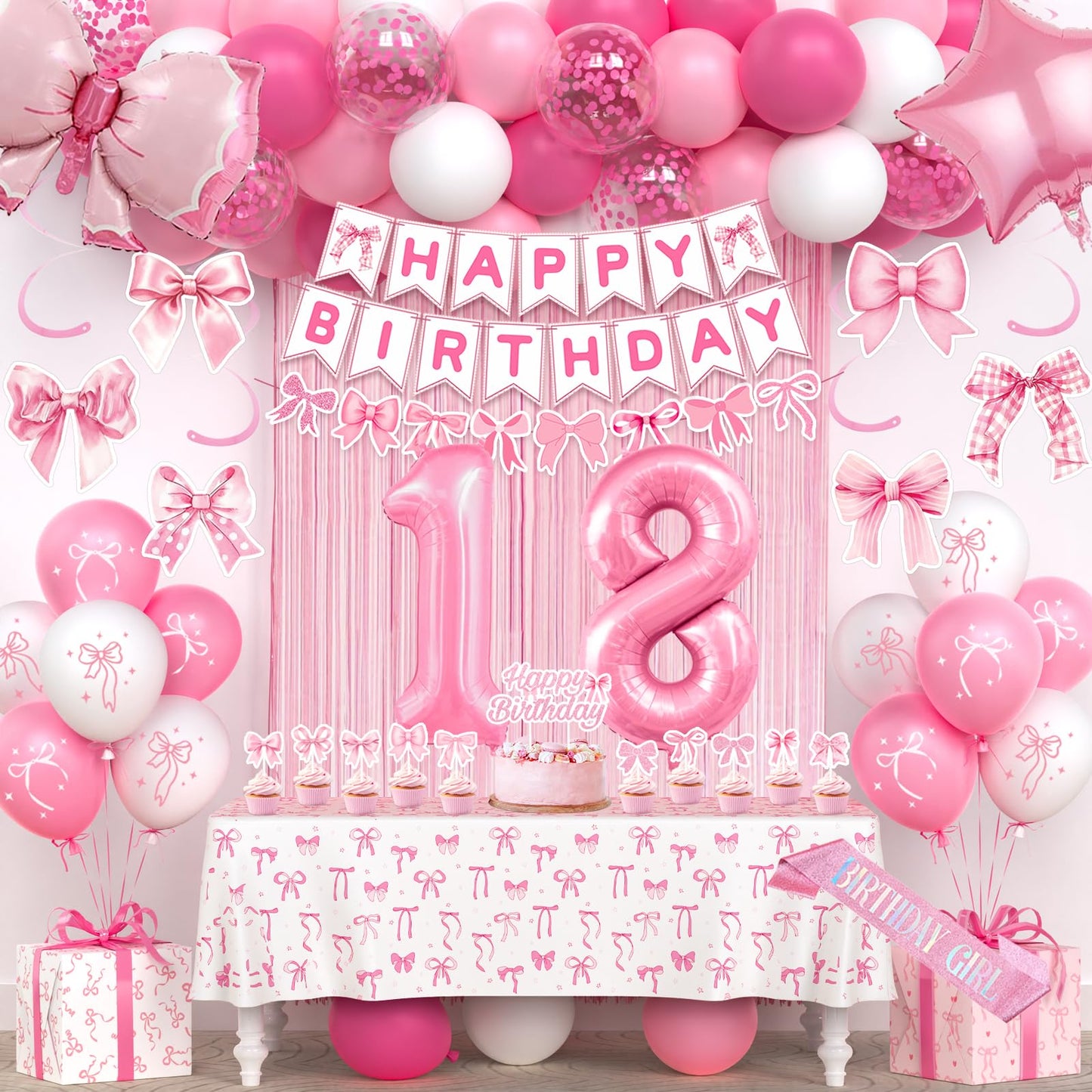 18th Pink Birthday Decorations for Girls, Pink Bow Coquette Birthday
