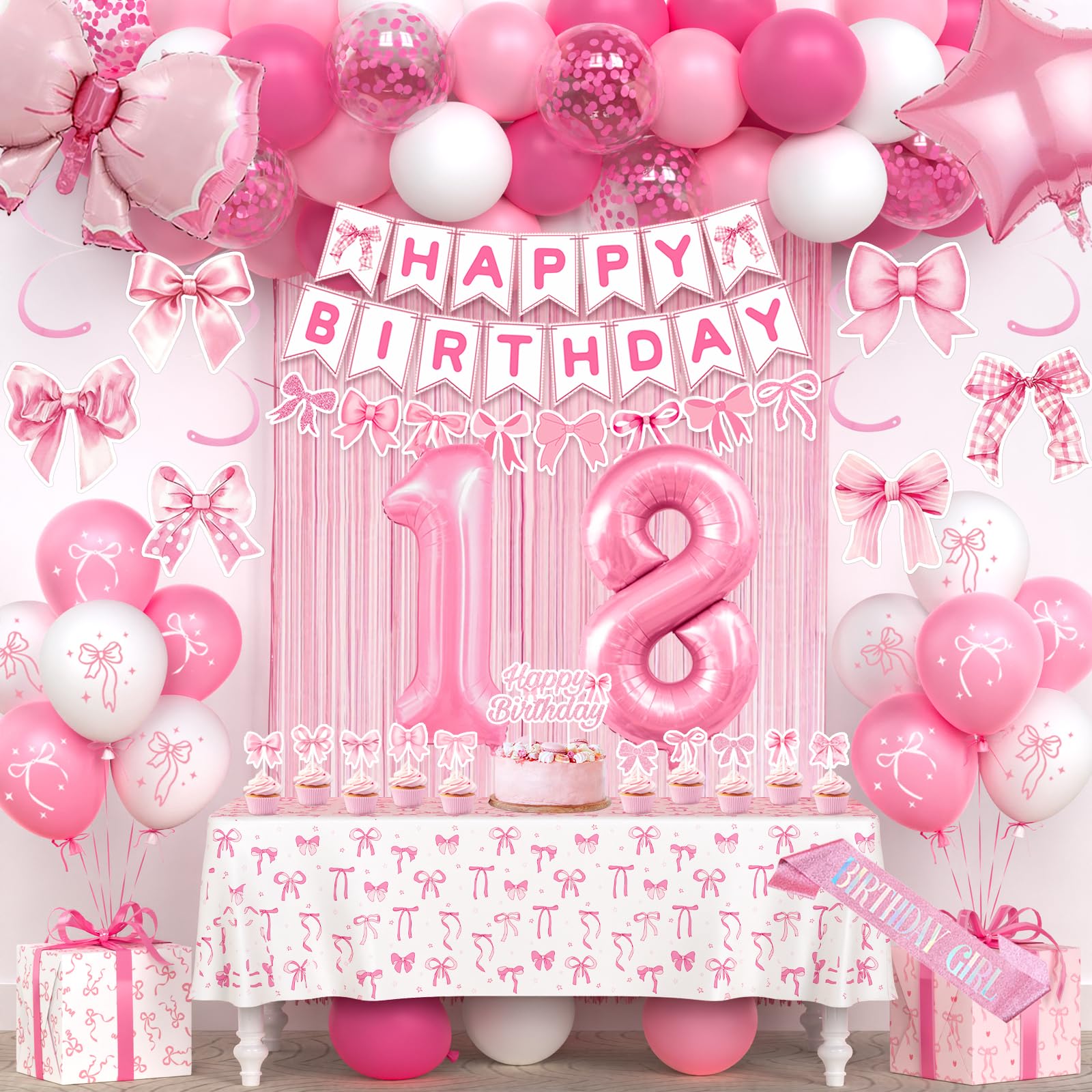 18th Pink Birthday Decorations for Girls, Pink Bow Coquette Birthday