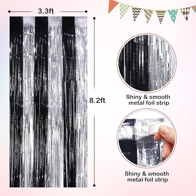 Black Silver Metallic Tinsel Foil Fringe Curtains, 4 Pack 3.3x8.3