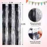 Black Silver Metallic Tinsel Foil Fringe Curtains, 4 Pack 3.3x8.3
