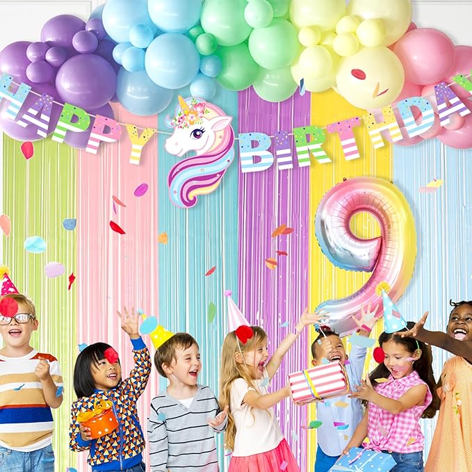 Unicorn 9th Birthday Party Decorations Rainbow Banner Balloons No.9