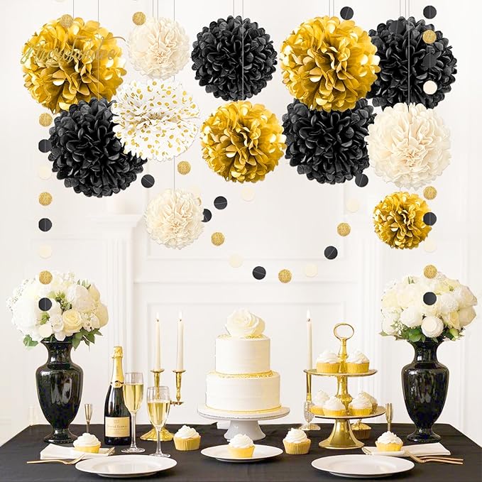 Black Gold Party Decorations 15 PCS Tissue Paper Pom Poms Kit for