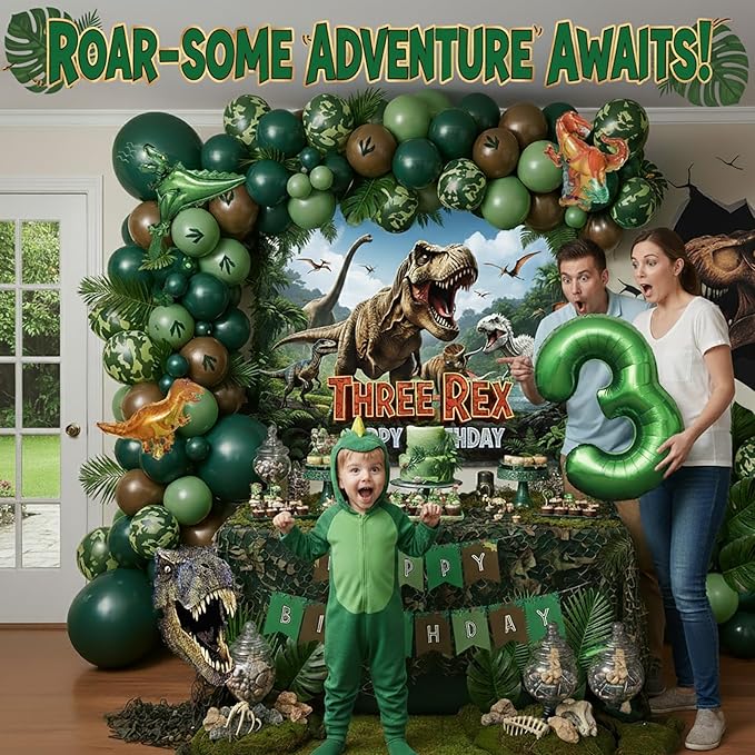 T Rex Dinosaur Birthday Decorations include Hunter Green Brown Gold