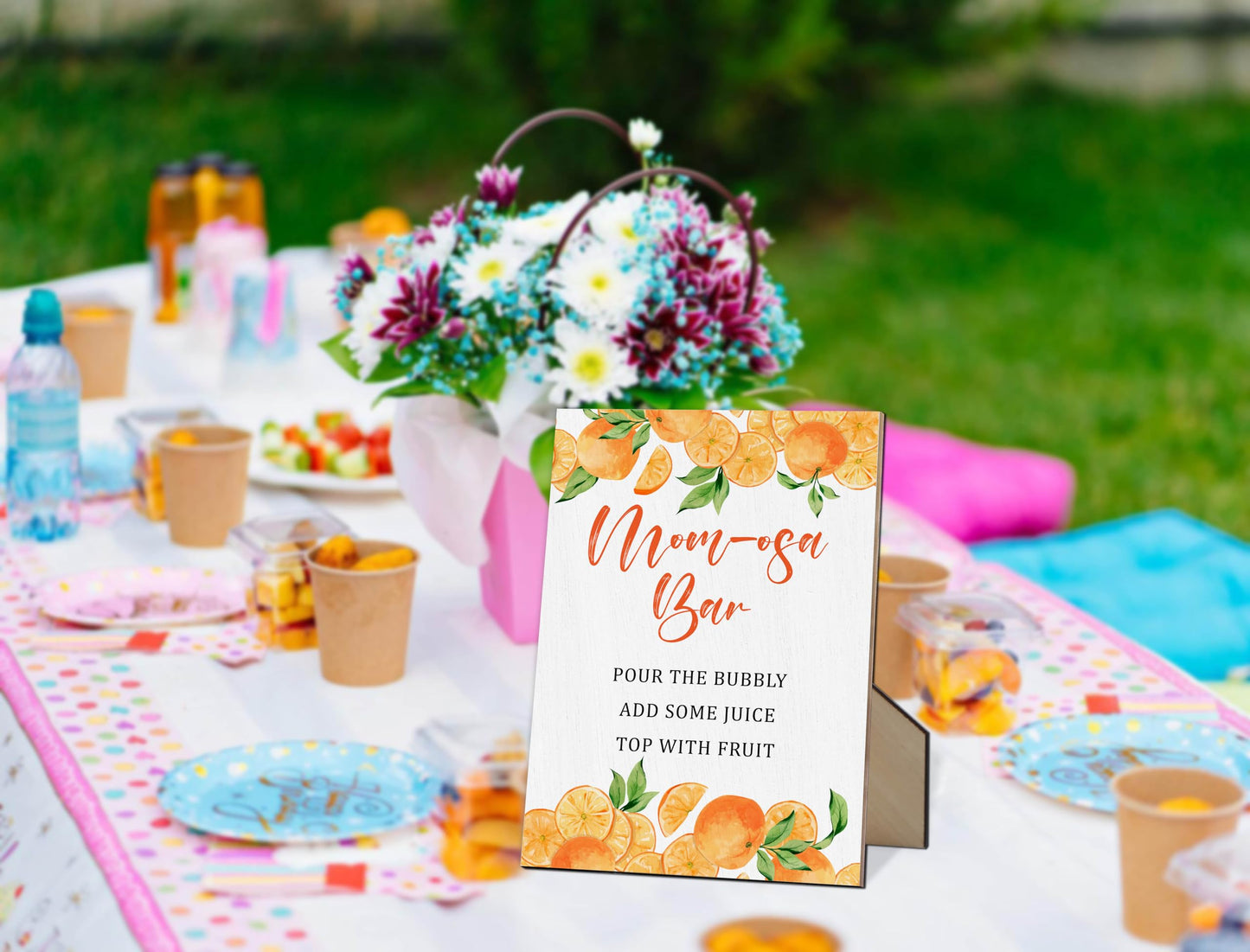Mom-osa Bar Baby Shower Tabletop Sign With Stand, Orange Citrus Gender