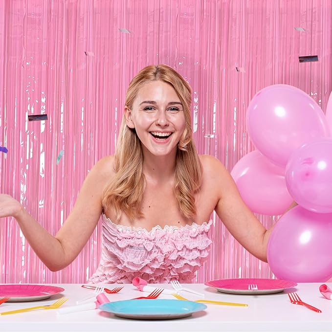 2 Pack Foil Curtain Pink Backdrop Streamers Metallic Tinsel Fringe