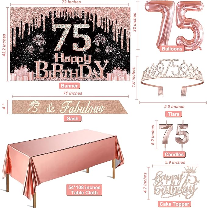 75th Birthday Decorations for Women with Banner Rose Gold Tablecloth