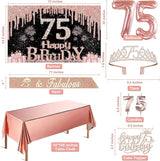 75th Birthday Decorations for Women with Banner Rose Gold Tablecloth