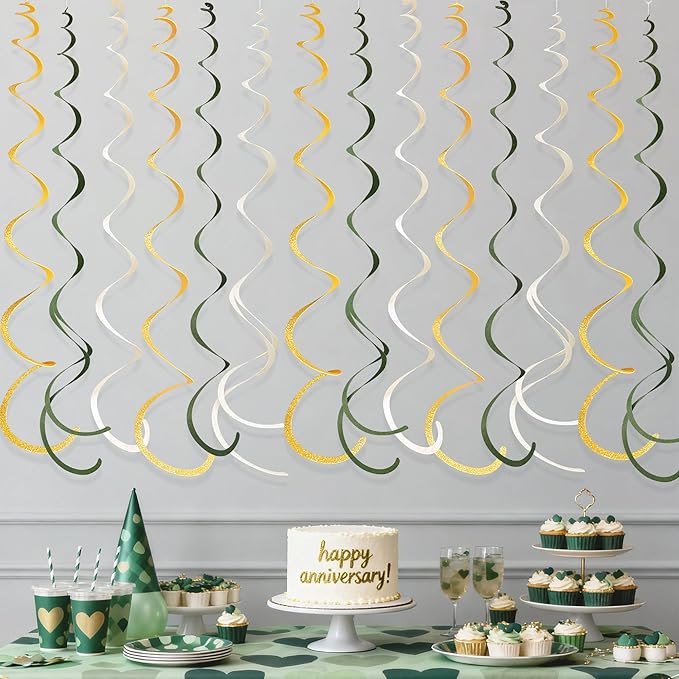 36Pcs Sage Green Gold Hanging Swirl Decorations Glitter Gold Olive