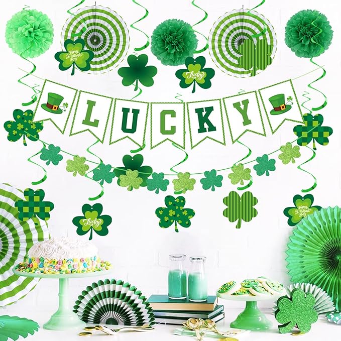 St Patricks Day Party Decoration Green Shamrock Garland 25pcs Saint