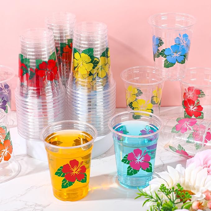 48 Pcs Hawaii Luau Cups 12 oz Plastic Tropical Floral Cups Hawaiian