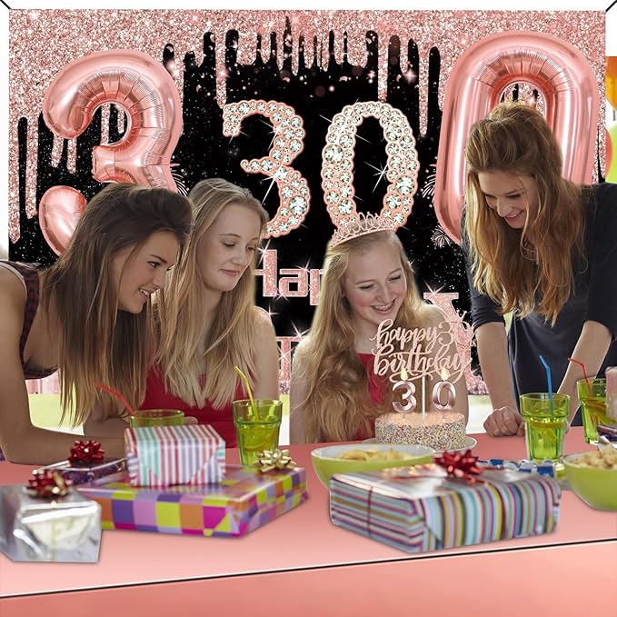 30th Birthday Decorations for Her with Banner Rose Gold Tablecloth