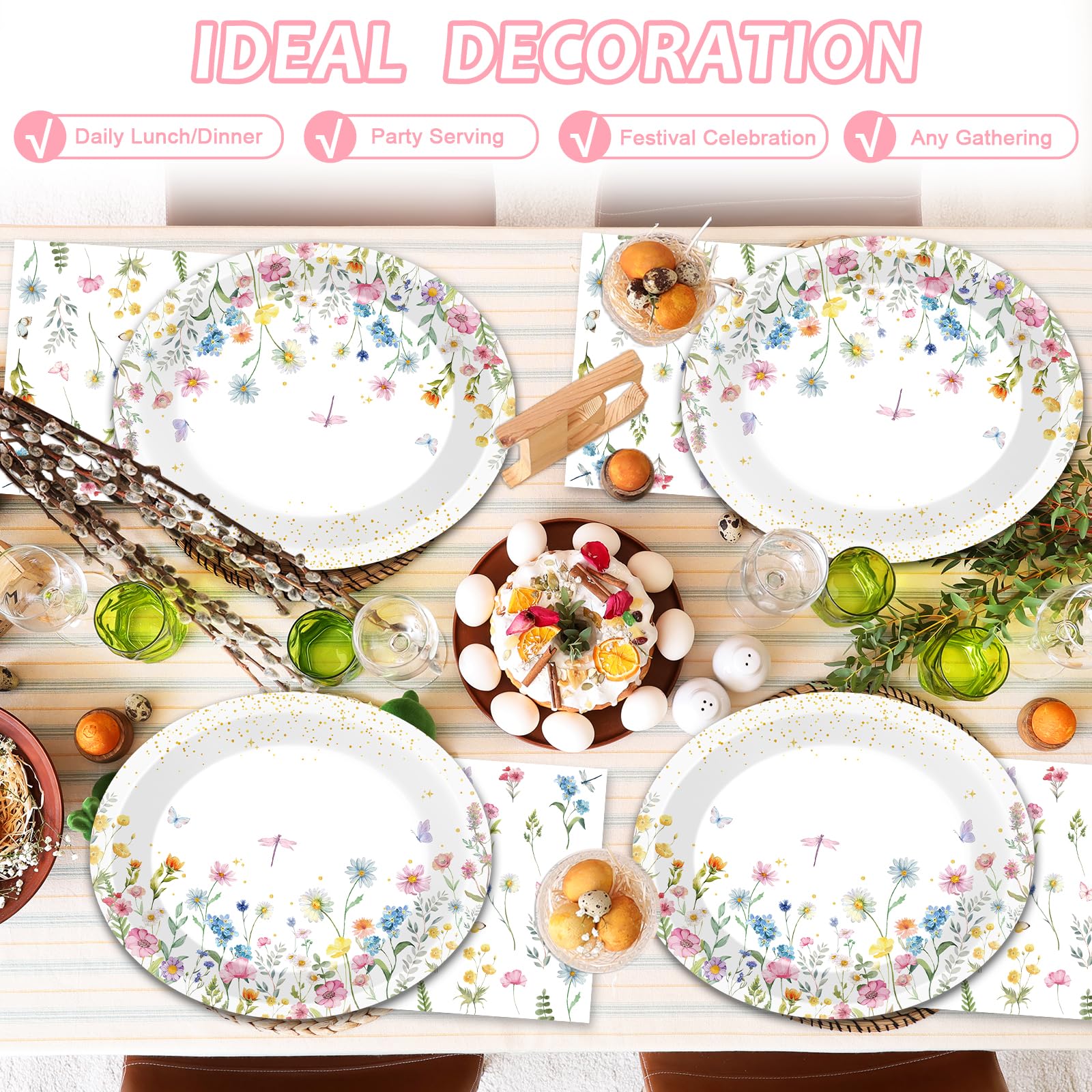 QOUBAI Wildflower Oval Plates and Napkins Floral Paper Platters