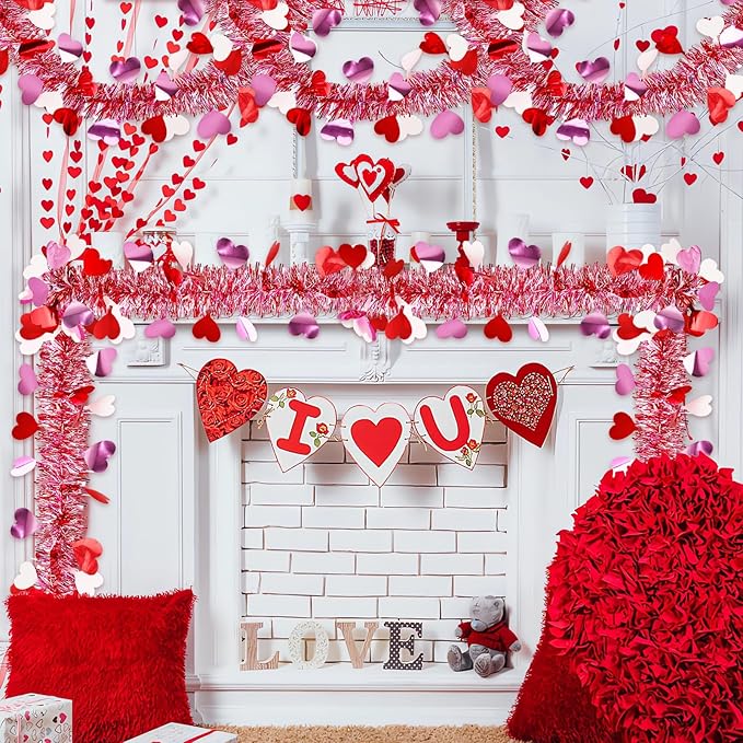 66 FT Valentine's Day Tinsel Garland Decor Red White Pink Heart