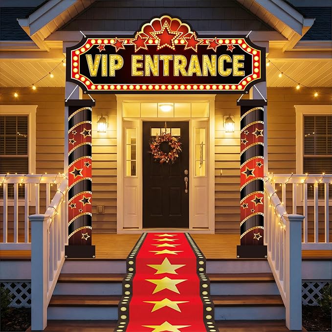 Movie Night Porch Sign Banner 4 Pcs Decorations Set with Red Carpet