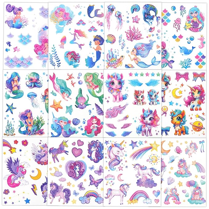 Ozepao Glitter Temporary Tattoo for Girls, 12 Sheets Mermaid Unicorn