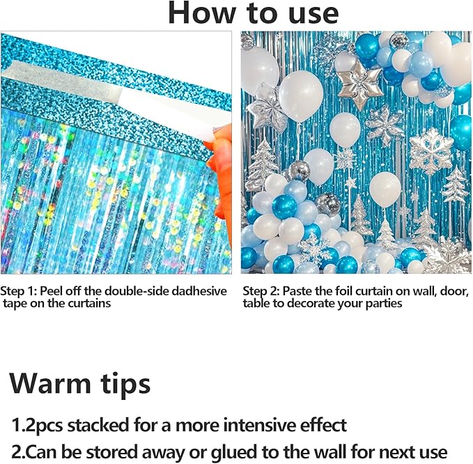 4 Packs Blue Foil Fringe Curtain, Light Blue Glitter Metallic Tinsel