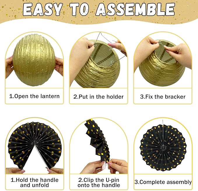 14Pcs Black and Gold Party Decorations Hanging Paper Lanterns Fans