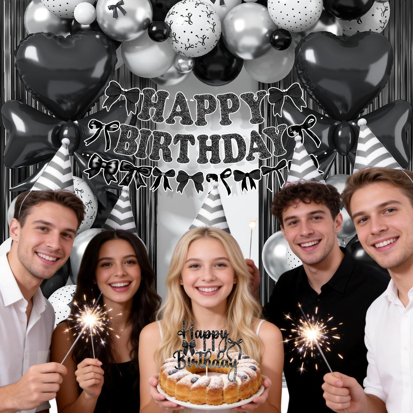 Black Bow Birthday Party Decorations, Coquette Bow Black and White
