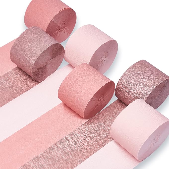 PartyWoo Rose Gold Crepe Paper Streamers 6pcs 492ft Pack of Metallic