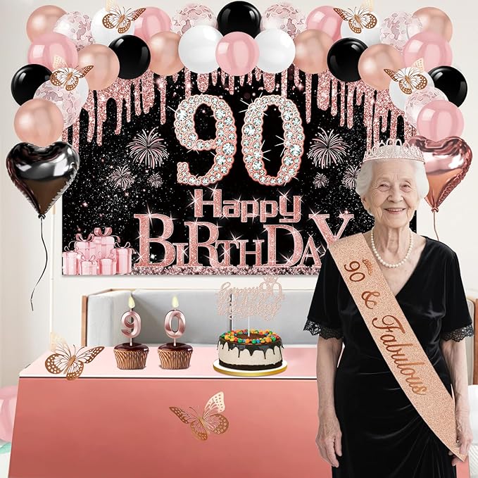 90th Birthday Decorations for Women 49pcs Black Rose Gold Black