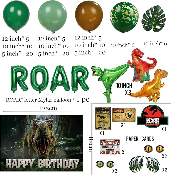 ROAR Dinosaur Birthday Decorations include Sage Green Brown balloon