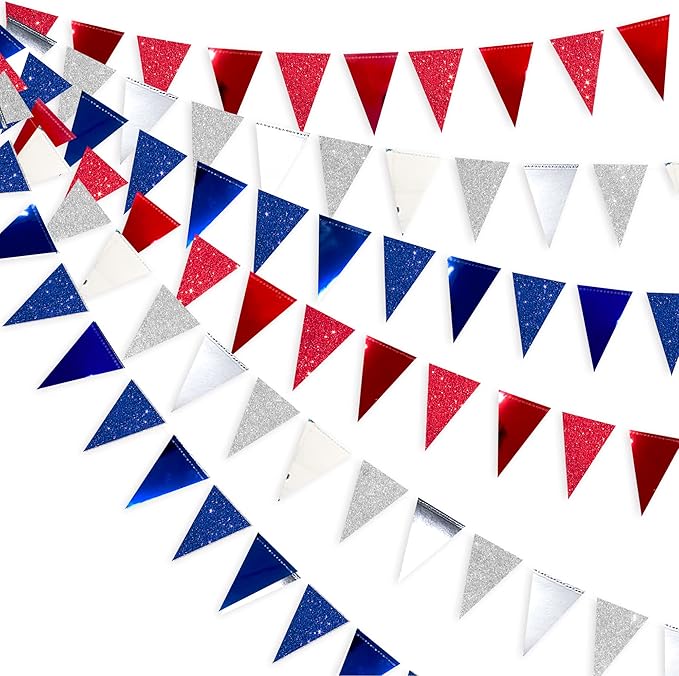 30 Ft Red Silver Blue Triangle Pennant Banner Bunting Hanging Paper